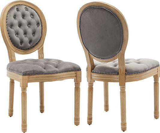 Vintage French Dining Chairs Set of 2, Round Back Velvet Upholstered Accent Chairs with Nailhead Trim and Solid Wood Frame, Elegant Sillas de Comedor for Dining Room & Kitchen, Gray