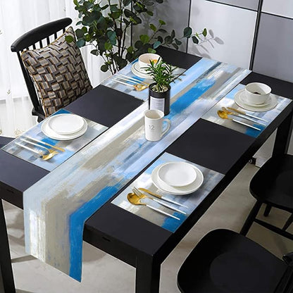 Light Blue Grey Table Runner & Placemats Set, Linen 108" Long | Abstract by TQFZP