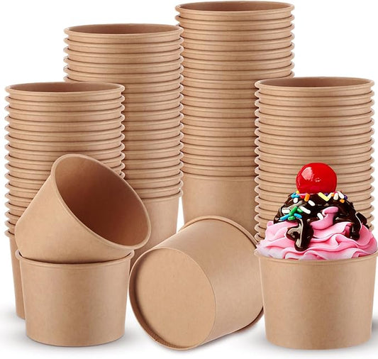 Honeydak 50 Pieces Ice Cream Soup Cups Paper Disposable Sundae Bowls Kraft Paper Hot Cold Snack Yogurt Dessert Small Cups for Ice Cream Baby Shower Party Supplies, Brown Disposable Bowls(8 Oz)