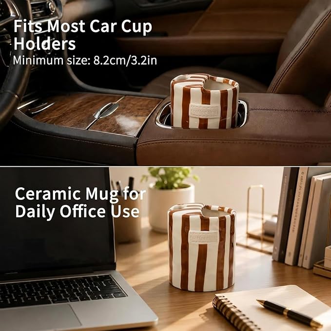 Ceramic Coffee Mug with Half Lid, 12oz Handmade Retro Striped Travel Mug - Image 5
