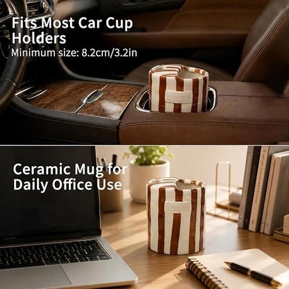 Ceramic Coffee Mug with Half Lid, 12oz Handmade Retro Striped Travel Mug - Image 5