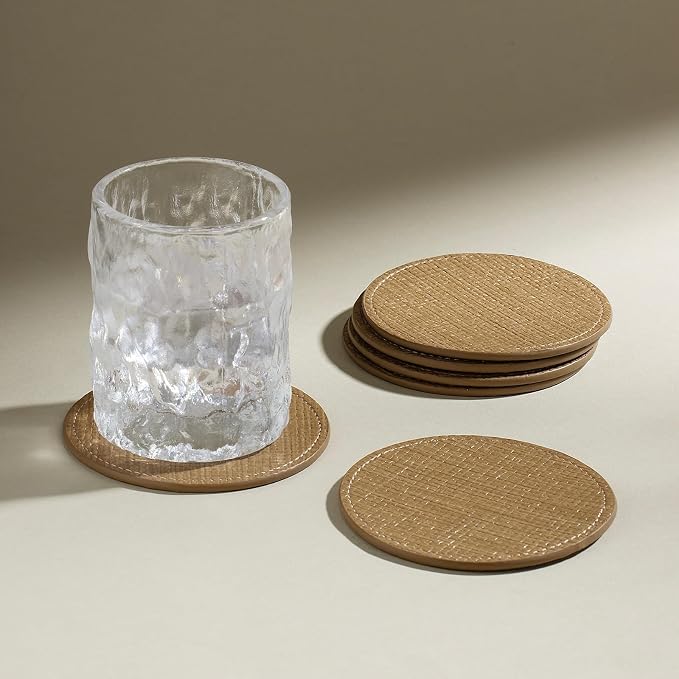 OLETHA Aesthetic Round Drink Coasters, Wheat | Raffia-embossed faux leather by OLETHAD%C3%A9cor