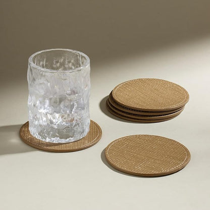 OLETHA Aesthetic Round Drink Coasters, Wheat | Raffia-embossed faux leather by OLETHAD%C3%A9cor