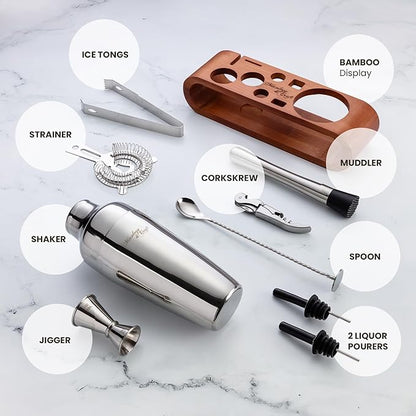 Mixology & Craft Cocktail Shaker Set with Dark Bamboo Stand - Professional 10-Piece Bartender Kit - Complete Bar Set & Cocktail Mixer Kit for Home (Silver)