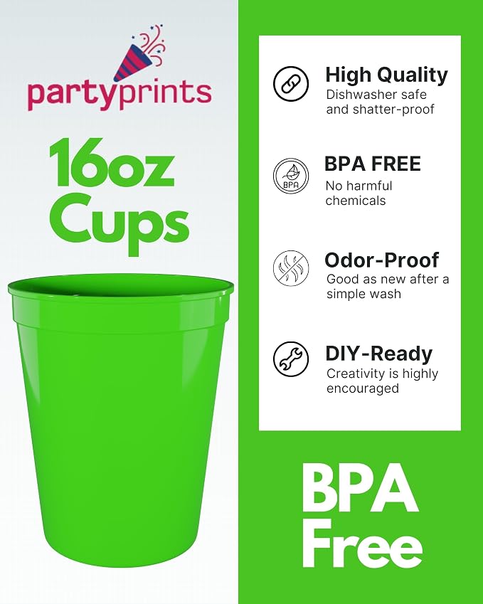 PartyPrints 100 Pack 16 oz Lime Green Reusable Blank Plastic Cups, Stadium Cups - Image 2