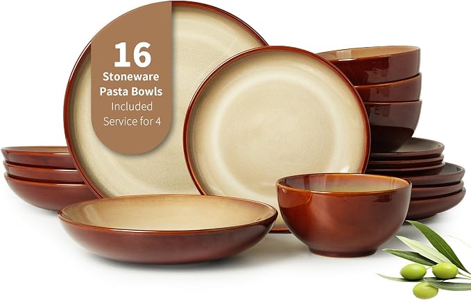 16 Piece Double Bowl Plates and Bowls Sets, Ceramic Dinnerware Sets by Pokini