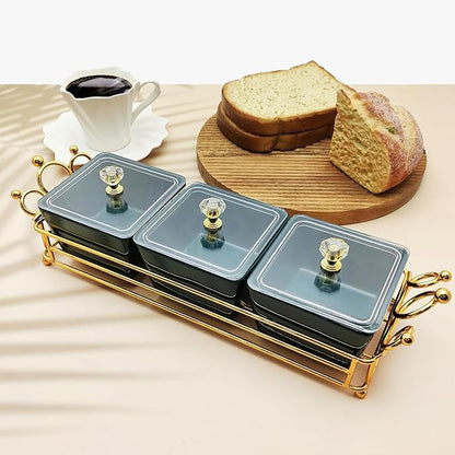 YA JU Ceramic Bowls and with Lid Gold Basket Trays, 3 Removable Small Bowls Condiment Trays Nut Serving Set for Snacks, Fruits, Candy and Condiments - Great for Parties, Green