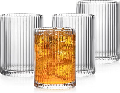 Drinking Glasses with Origami Style Set of 4 Glass Cups, 9oz Ribbed Glassware by Polishyourdreamlightupthefuture