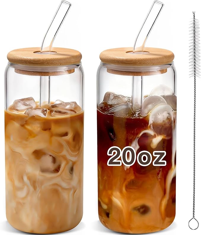 Iced Coffee Cups with Lids 2 pcs: 20 oz Glass Cups with Lids and Straws as by DWTSDANWEITESI
