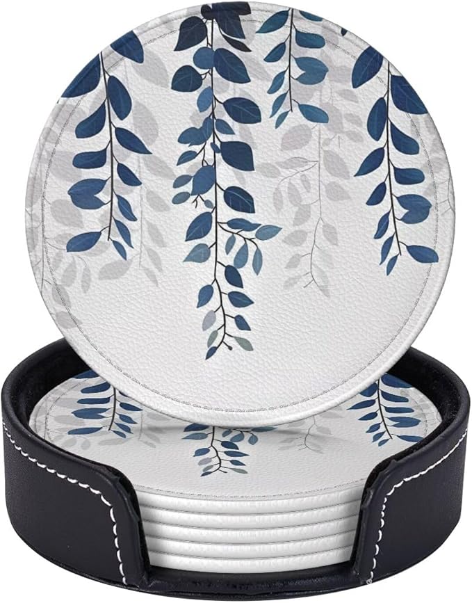 6 Pcs Blue Eucalyptus Leather Coasters by Jfniub