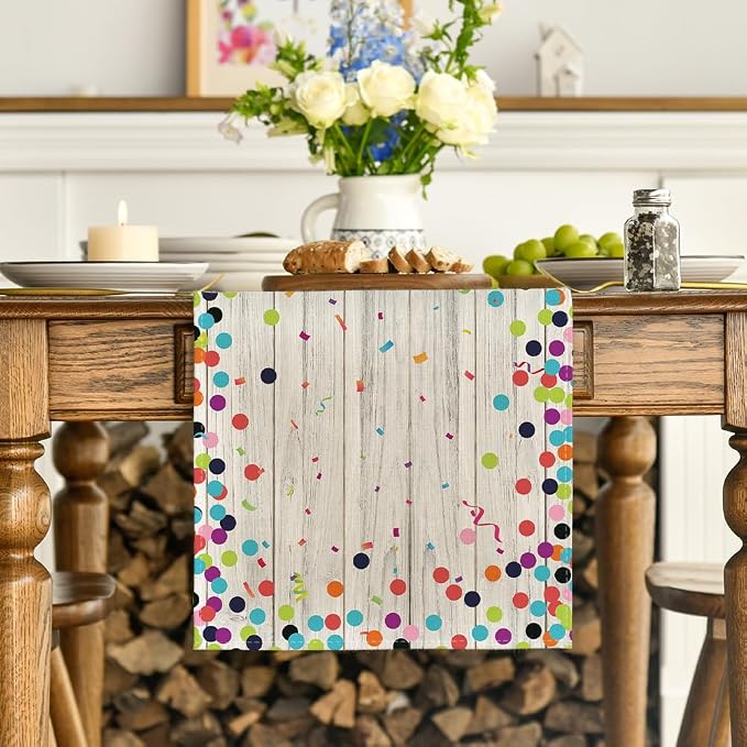 Artoid Mode Polka Dot Wood Happy Birthday Table Runner, Seasonal Kitchen Dining - Image 2