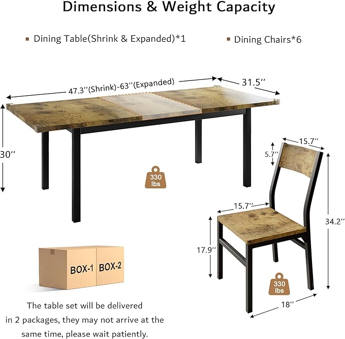 iPormis 7-Piece Dining Table & Chairs Set for 4-6, 63" Extendable Kitchen Table with 6 Chairs, Dining Room Table with MDF Board & Metal Frame, Perfect for Small Space,Easy Assembly, Rustic Brown