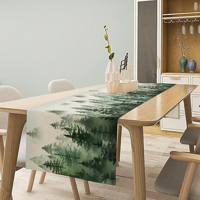 Watercolor Green Pine Trees Table Runner, Forest Woodland Tabletop Scarf Home - Image 2