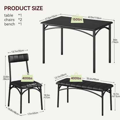 Dining Table Set for 4, Rectangular Kitchen Table and Chairs Set of 4 for Small Spaces, Modern Dining Room Table Set with Upholstered Bench and 2 Chairs, Space Saving Dining Furniture for Apartments