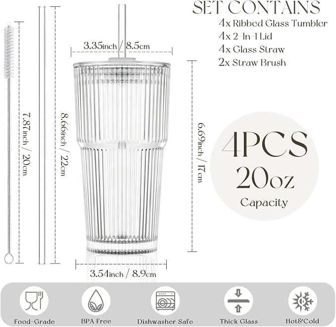 KEMORELA 20oz Ribbed glass cups - Image 3