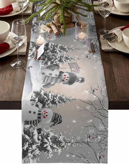 Christmas Snowman Short Table Runners 48 Inches, Cotton Linen Fabric Snowflake by Edwiinsa