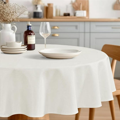 JIUZHEN Round Table Cloth Faux Linen Farmhouse Tablecloth Wrinkle and Stain Resistant Decorative Fabric Table Cover for Kitchen, Dining Room, Parties and Camping, White, 90 Inch Round