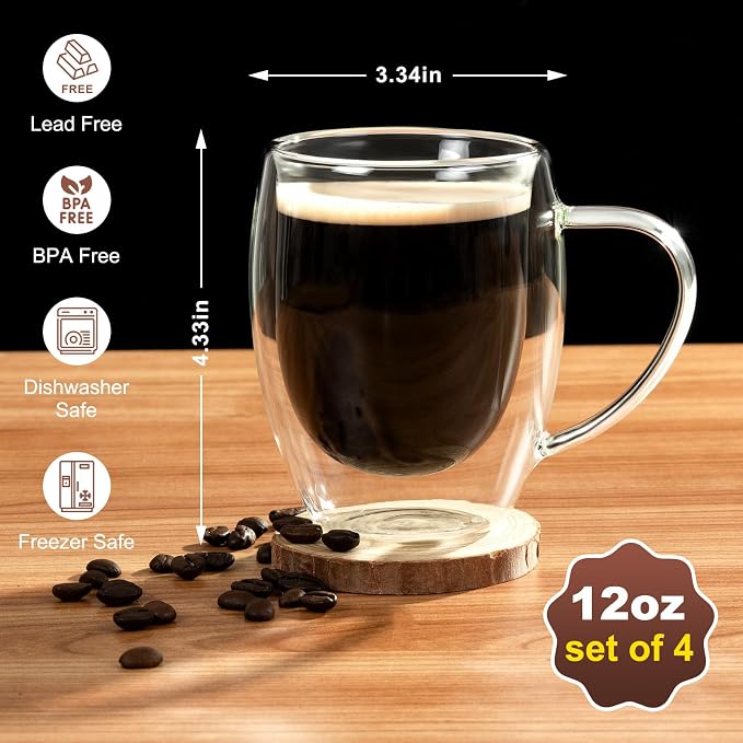 Double walled glass coffee mugs, Glass Coffee Mugs Set Of 4, Coffee Cups 12OZ | - Image 2