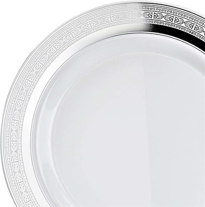OCCASIONS 120 Plates Pack,(60 Guests) Heavyweight Premium Wedding Party Disposable Plastic Plates Set -60 x 10.5'' Dinner + 60 x 7.5'' Salad/Dessert (Palace White & Silver)