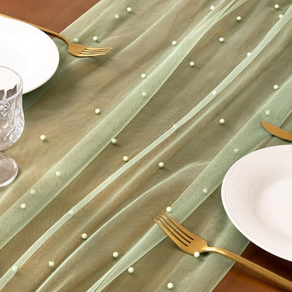 Pearl Table Runner Summer Tulle Gauze Sheer Wedding Party Home Decor | Sage - Image 2