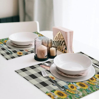 Rustic Pig Placemat Set, Vintage Farmhouse Cute Animal Sunflower Floral Black White Plaid Blue Bowknot Pattern Home Decor Table Mats for Dining Room Kitchen Party (17x12in) x6P
