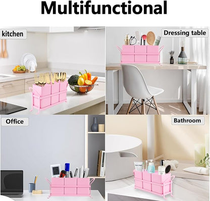 Metal Silverware Caddy,3 Compartment Utensil Holder With Metal Rack,Utensil Caddy Flatware Cutlery Organizer for Countertop Party Picnic Camping Outdoor Pink