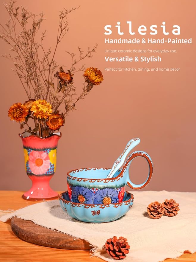 silesia Handmade Loop Handle Soup Bowl, Plate and Spoon Set Ceramic Hand - Image 5