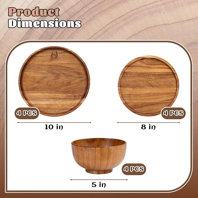 12 Pcs Wood Dinnerware Set, 8 Inch 10 Inch Round Wooden Plates and wooden bowl - Image 2