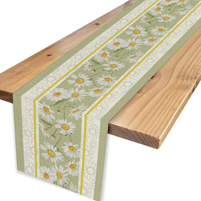 Daisy Table Runner, Rustic Spring Summer White Green Floral Flower Boho Vintage - Image 4