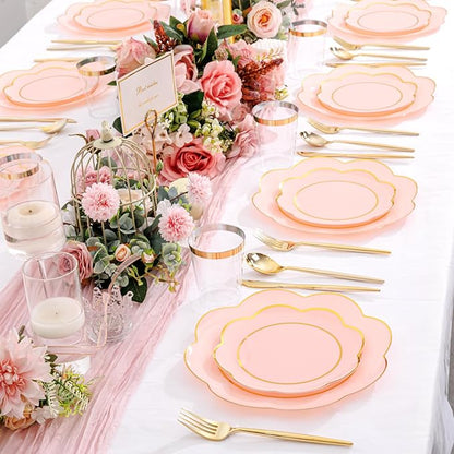 EI 180pcs Pink Plastic Plates with Gold Plastic Silverware,Heavy-Duty Disposable Plates for Party,White Dinnerware Set for 30 Guest Wedding,Birthday,Valentine's Day
