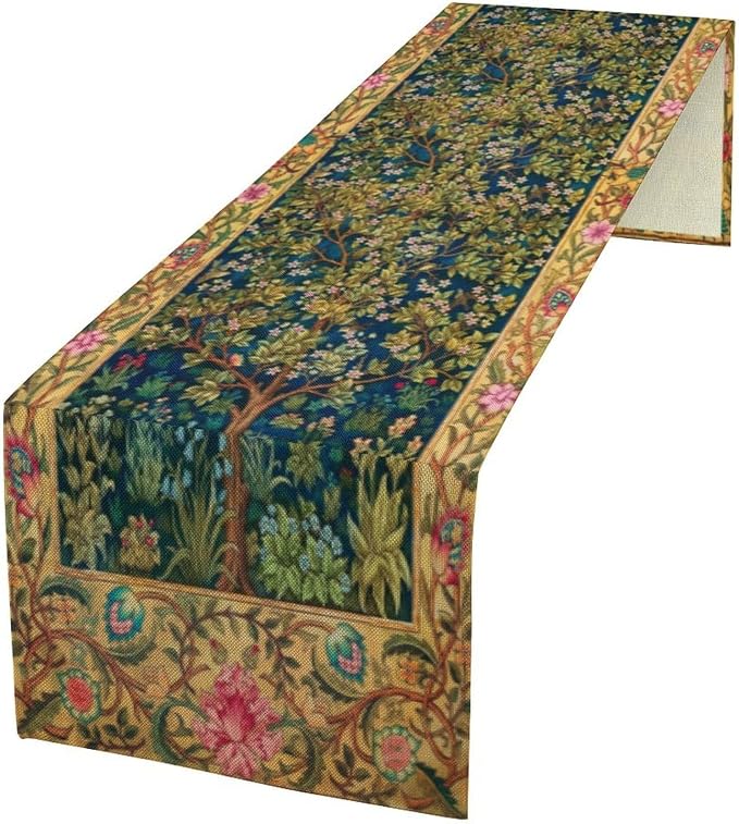 William Morris Table Runner, Boho Rustic Ethnic Tree of Life Flower Original by Yearn+Jear