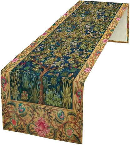 William Morris Table Runner, Boho Rustic Ethnic Tree of Life Flower Original by Yearn+Jear