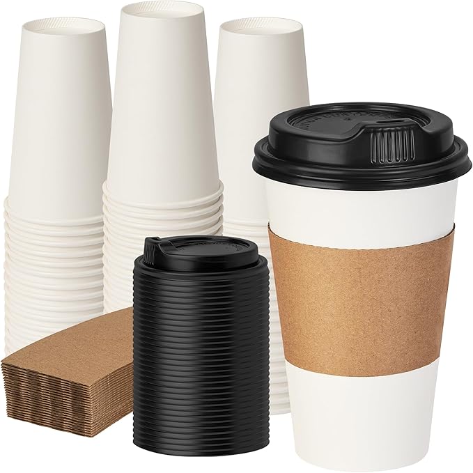 16 oz 50 Pack Coffee Cups with Lids and Sleeves, Hot Paper Coffee Cups with Lids by VPACKDUO