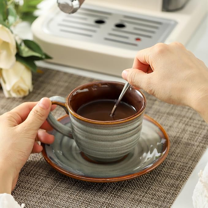HASENSE Ceramic Tea Cups and Saucers, 8oz Cappuccino Cups Set of 4, Espresso - Image 7