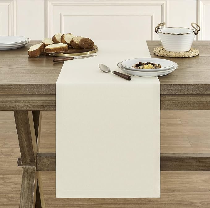 Basic Linen Style Table Runner, 14x72 Inch Ivory | Mitered Corner Design - Image 2