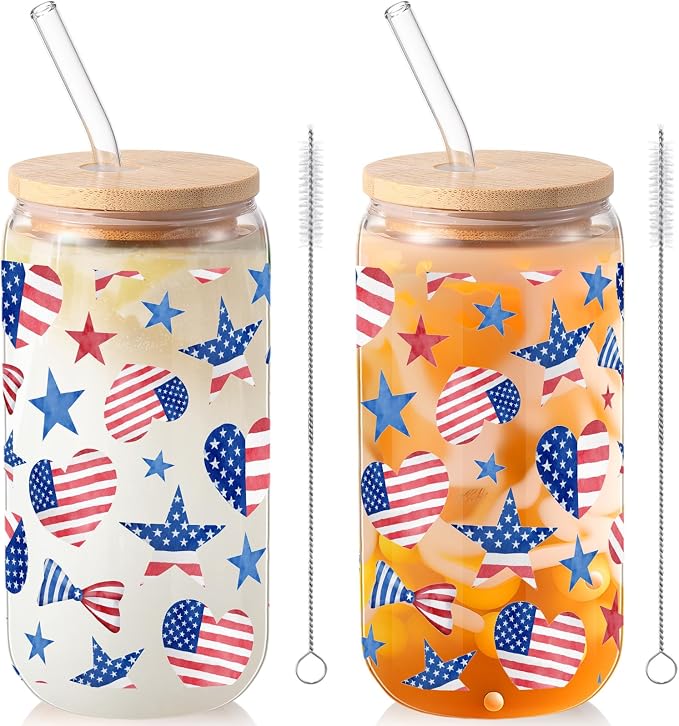 Sliner 2 Pcs Patriotic Glass Cups 4th of July Gifts Tumbler by Sliner