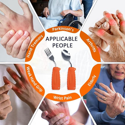Adaptive Utensils,Curved Angled Spoon and Fork Set,for Tremors Parkinsons Limited or Elderly,Lightweight Cutlery with Non-Slip Easy Grip Handles (Right Hand Spoon and Fork Set,Pack of 2,Orange)