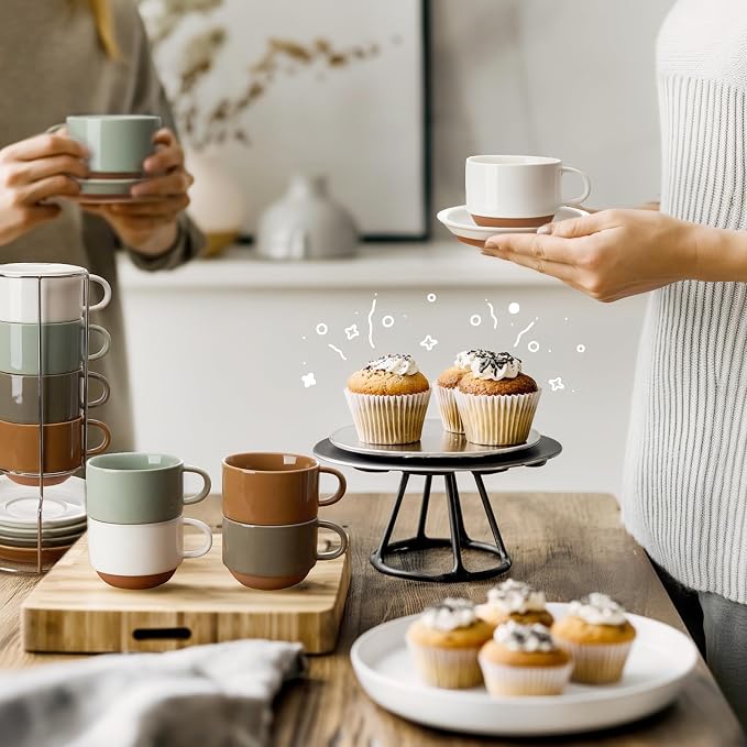 Sweese 8 Ounce Cappuccino Cups Set of 4, Porcelain Stackable Coffee Cups - Image 4