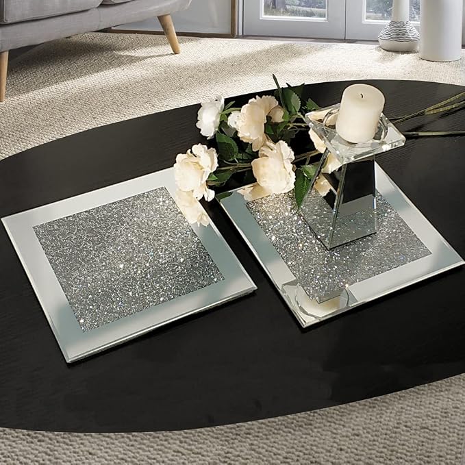 GIMORRTO Glass Mirrored Coaster 2 PC, Crushed Diamond Square Cup Mat 10" Decor by GIMORRTO
