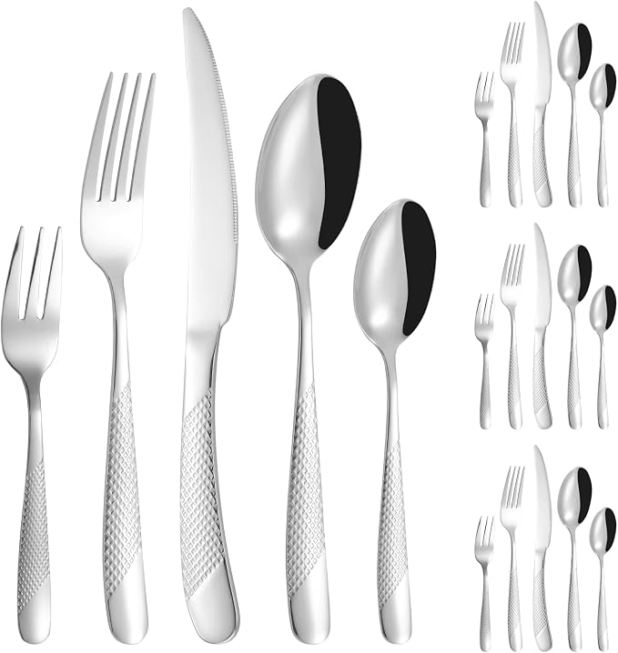 Modern Silverware Hammered 20 Piece Stainless Steel Flatware Set - Image 9