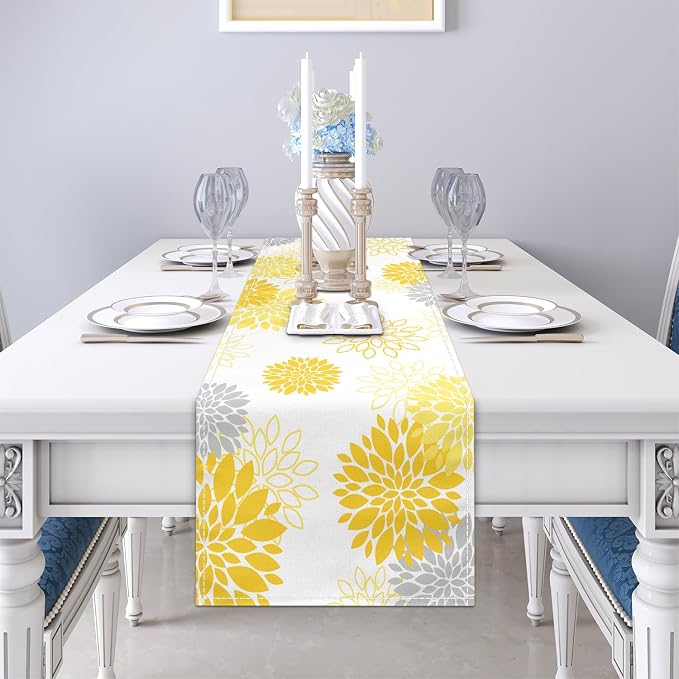 Dahlia Flower Table Runner 13x36 Inch Farmhouse Yellow Gray Runners Modern - Image 3