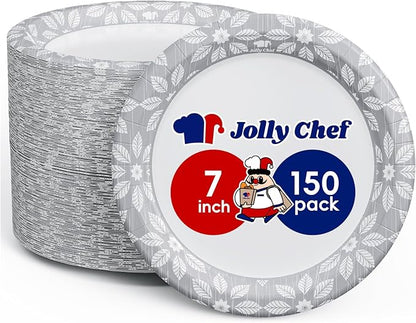 JOLLY CHEF 7 inch Disposable Paper Plates 150 Pack Heavy Duty Printed Dessert Plates for Thanksgiving or Everyday Use, Soak Proof, Cut Proof
