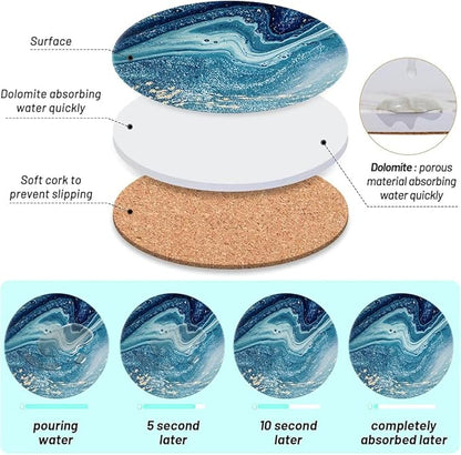 Ceramic Coasters Set of 6, Marble-Textured Design with Holder - Absorbent Cork-Backed Coasters for Cups, Bar & Coffee Table Decor Accessories (Blue Ocean, 6 Pack)