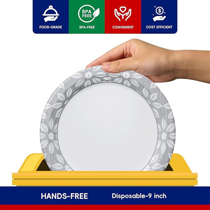JOLLY CHEF 9 inch 140 Pack Disposable Paper Plates,Soak Proof, Cut Proof, Heavy Duty Printed Paper Plates for Everyday Use