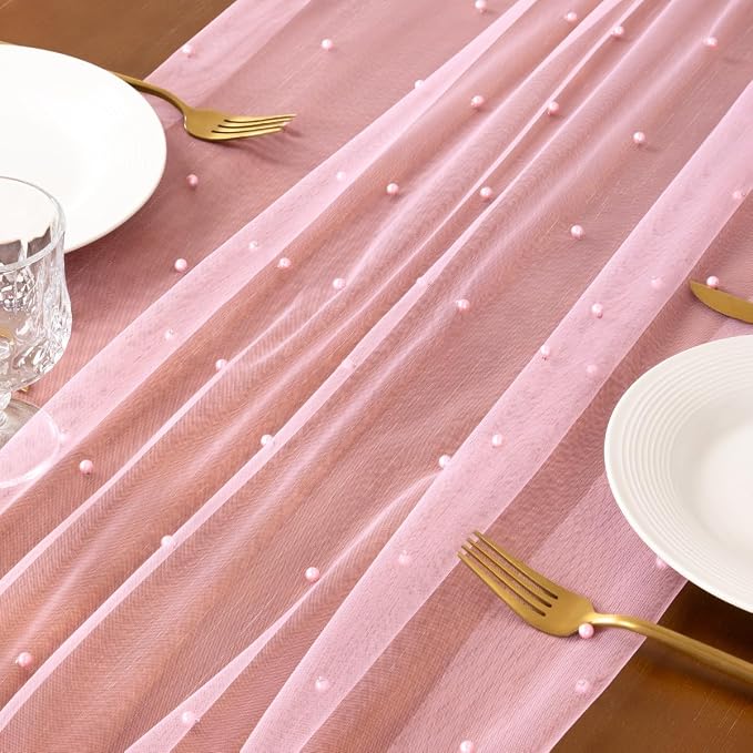 Pearl Table Runner Summer Tulle Gauze Sheer Wedding Party Home Decor | Pink - Image 5