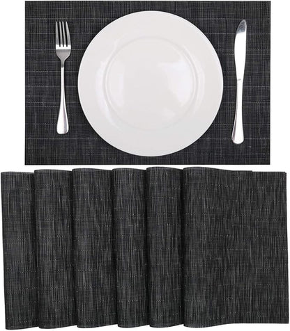 SHACOS Placemats Set of 6 Woven Vinyl Place Mats for Dining Table Wipe Clean Stain Resistant Table Mats Indoor Outdoor (6, Black)