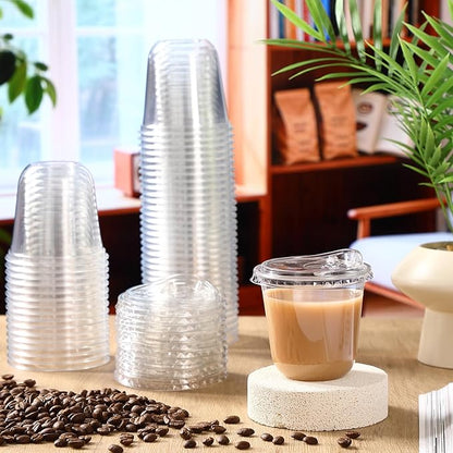 50 Sets Clear Plastic Cups with Strawless Sip Lids, Thickened Clear Disposable Plastic PET Crystal Cups for Iced Coffee, Smoothie, Cold Beverage, Drink Shops and Party Catering (10 oz)