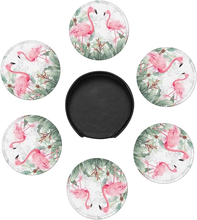 6 Pcs Watercolor Tropical Flamingo Leather Coasters - Image 7