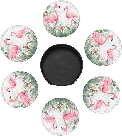 6 Pcs Watercolor Tropical Flamingo Leather Coasters - Image 7