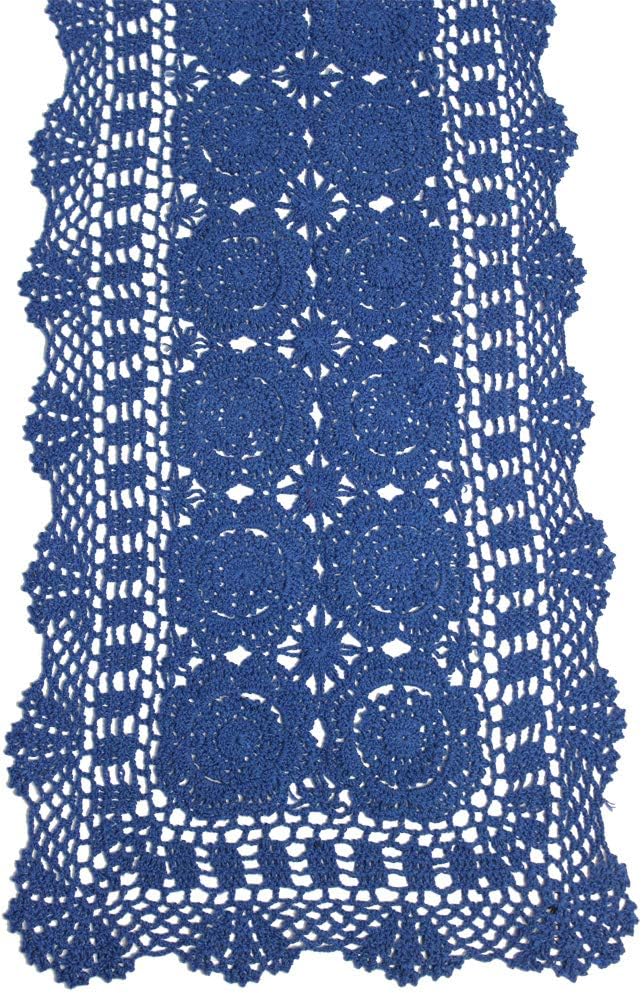 Cotton Handmade Crochet Lace Table Runner Blue Rectangle Coffee Table Dresser by KEPSWET